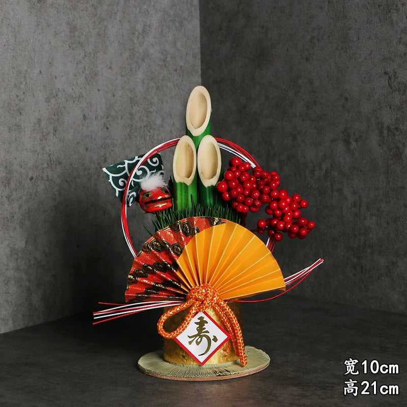 Vaso Três Tubos Leque Dourado com Placa de Madeira, Adorno de Mesa de Ano Novo Japonês (Kadomatsu)