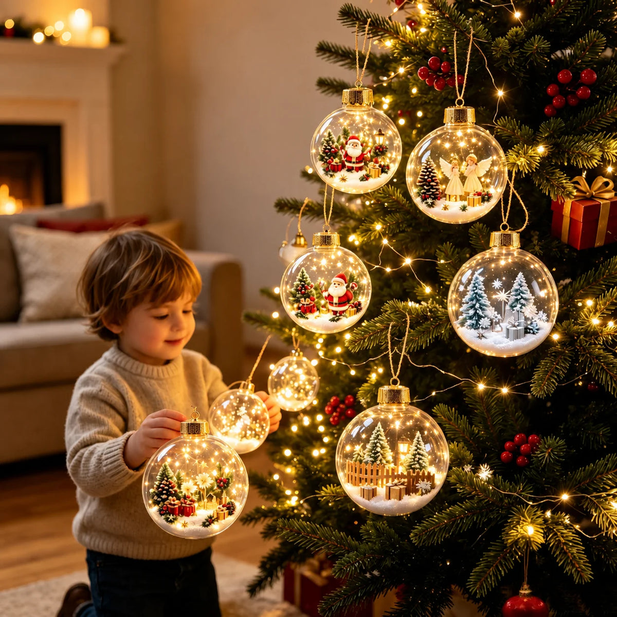 Bola de Natal Acrílica Transparente Iluminada (com Cerca de 8cm a 10cm), Enfeite de Natal Tipo Bola de Natal