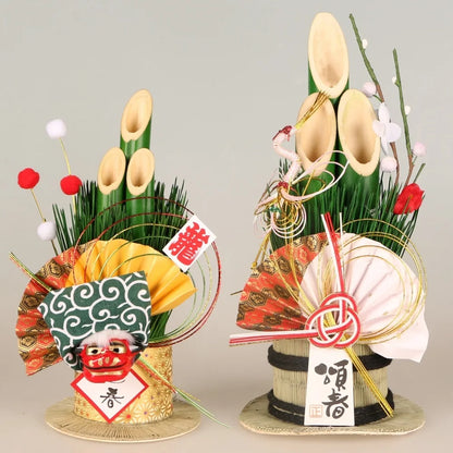 Vaso Três Tubos Leque Dourado com Placa de Madeira, Adorno de Mesa de Ano Novo Japonês (Kadomatsu)