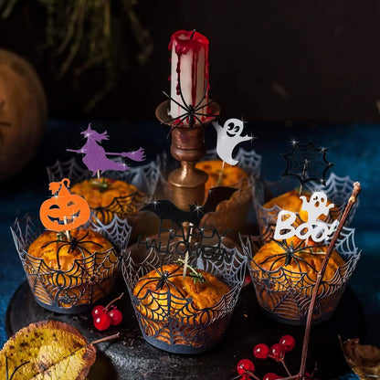 Cesta Formato Teia Aranha Embalagens cupcake, pacote com 48 teias aranha Halloween