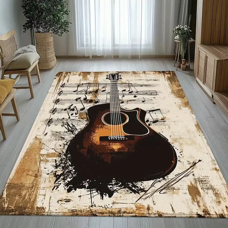 Tapete Marrom Sala de Violão Instrumentos, Tapetes Decorativos Tapete Lavável 9cmx1.5m