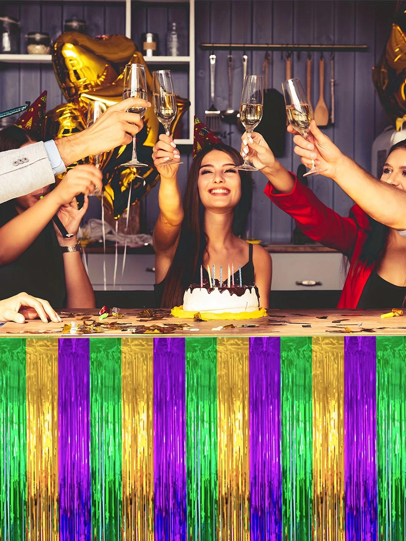 Cortina para eventos carnavalescos Pacote com 1 cortinas com franjas douradas verdes roxa