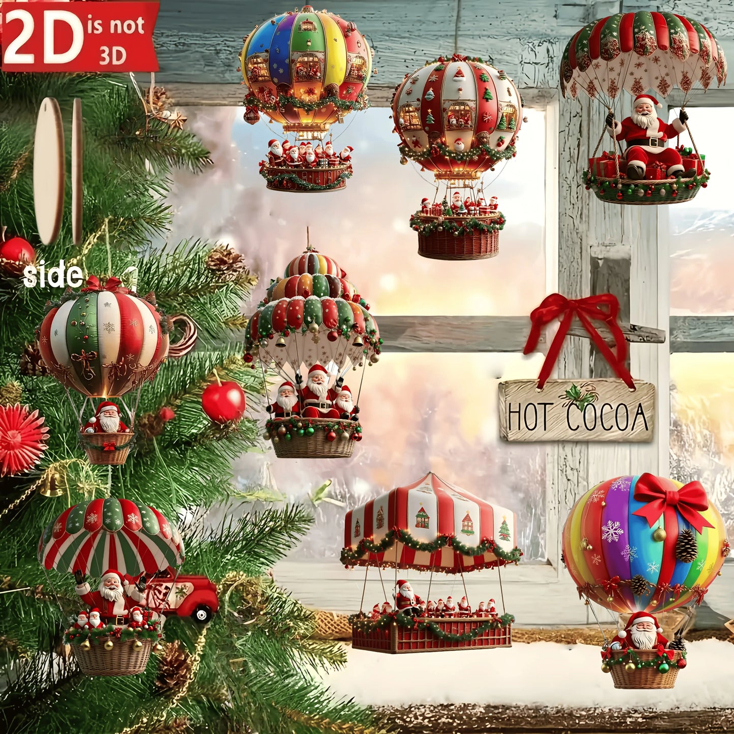 Balão de ar quente de madeira Natal 2D decorações de árvore de Natal, enfeites de casa