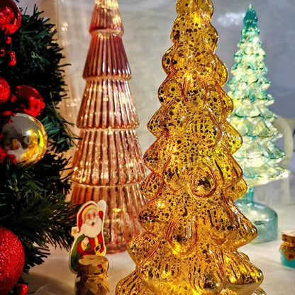 Árvore de Natal de vidro mercúrio dourado 1 peça, árvore de Natal de mesa com luz