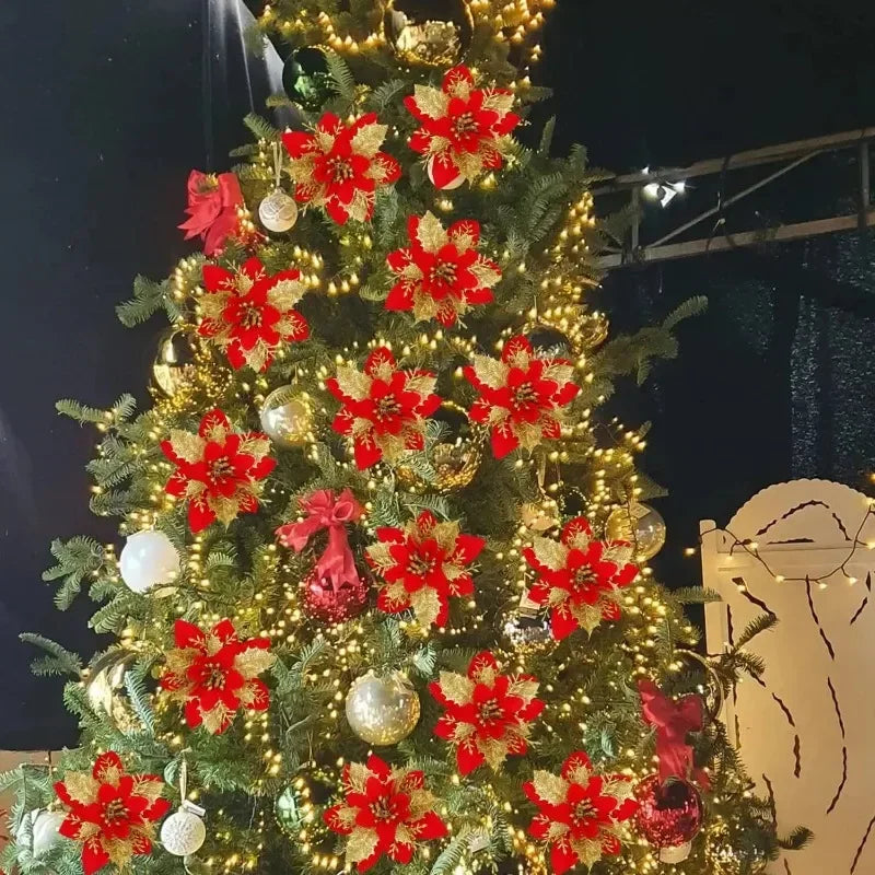 Flores Natal Glitter Artificial 5/10/20/30 peças de Poinsétia de Flores de Natal e Purpurina