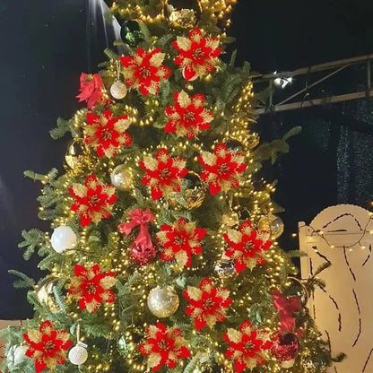 Flores Natal Glitter Artificial 5/10/20/30 peças de Poinsétia de Flores de Natal e Purpurina