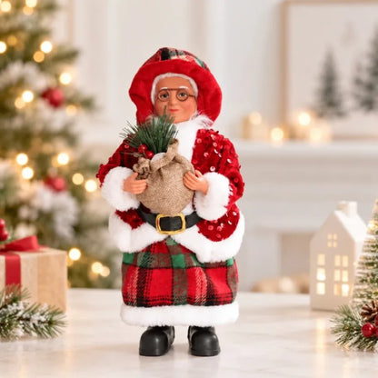 Mamãe Noel Decorativa de Mesa 30cm Roupas Xadrez e Saco Presentes, Enfeite de Natal Luxo 30cm Natalina