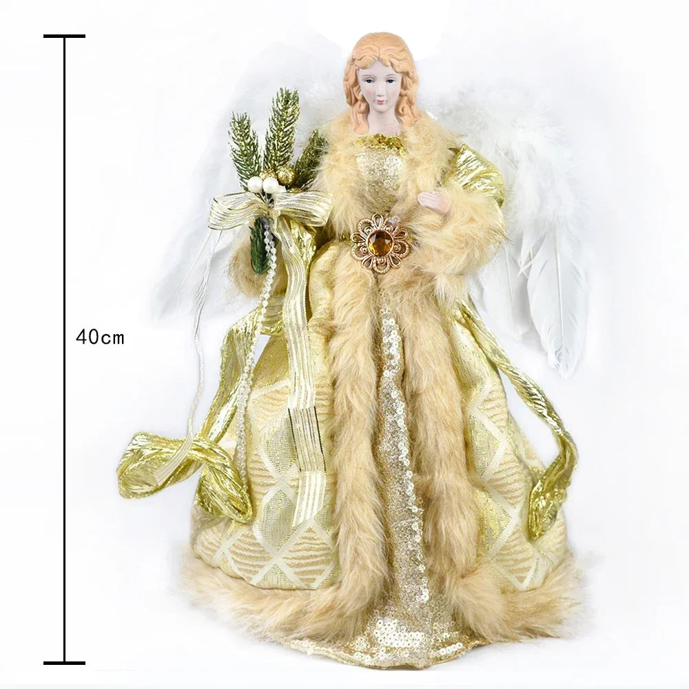 Enfeite de árvore de anjo de Natal asas douradas, elegante estatueta anjo vestido verde