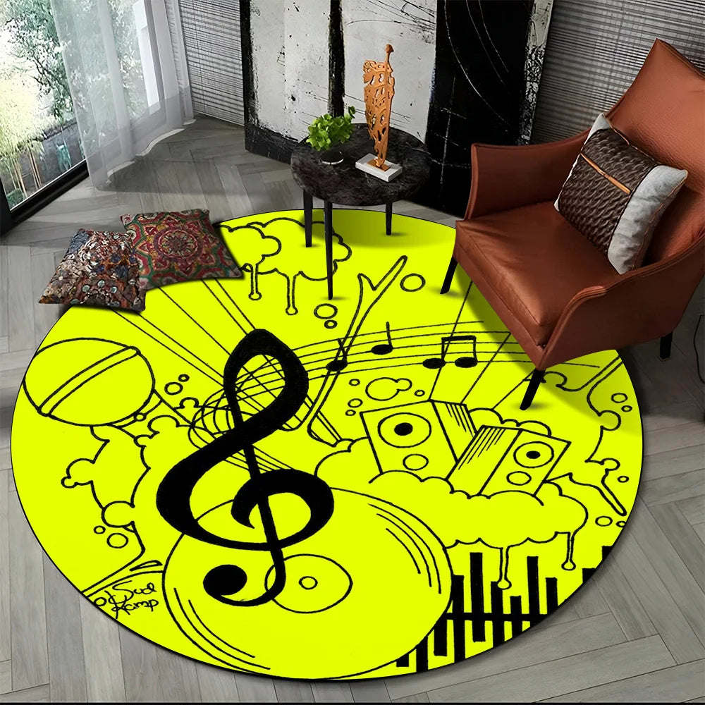 Tapete Redondo Antiderrapante com Estampa Colorida Teclas de Piano e Símbolos 150cm