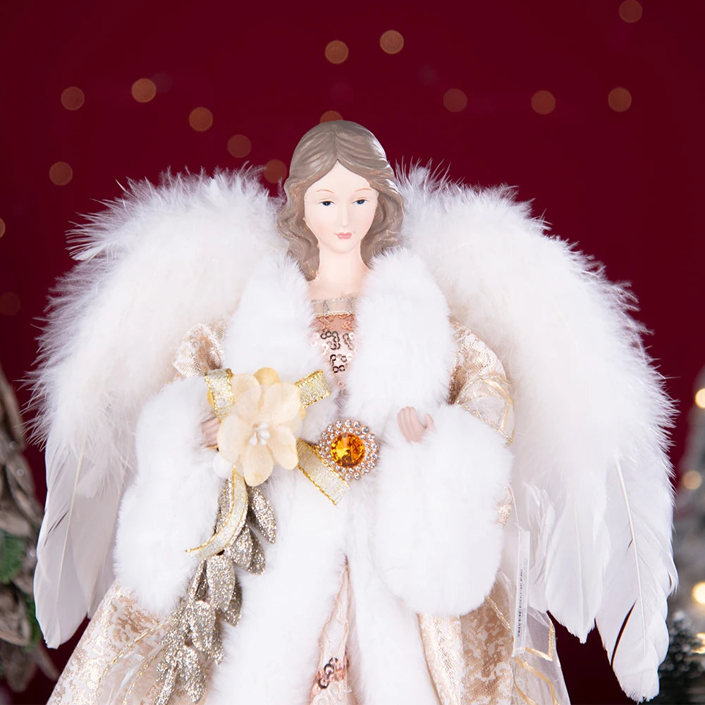 Enfeite de árvore de anjo de Natal asas douradas, elegante estatueta anjo vestido verde