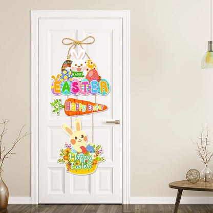 Guirlanda de Páscoa para pendurar na porta da frente com coelho e flores da Páscoa
