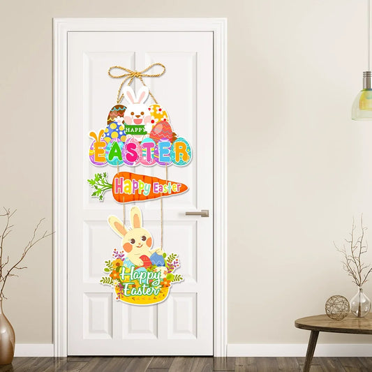 Guirlanda de Páscoa para pendurar na porta da frente com coelho e flores da Páscoa