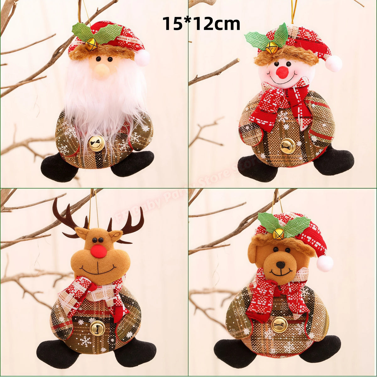 Kits Enfeites Natal Pelúcia Papai Noel e Neve Rena e Urso com Roupinha Verde e Vermelho