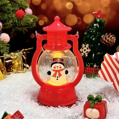 Lanterna Decorativa de Natal Vermelha Estilo Lamparina, com a Figura do Papai Noel no Interior e Iluminação LED