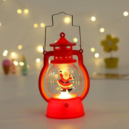 Lanterna Decorativa de Natal Vermelha Estilo Lamparina, com a Figura do Papai Noel no Interior e Iluminação LED