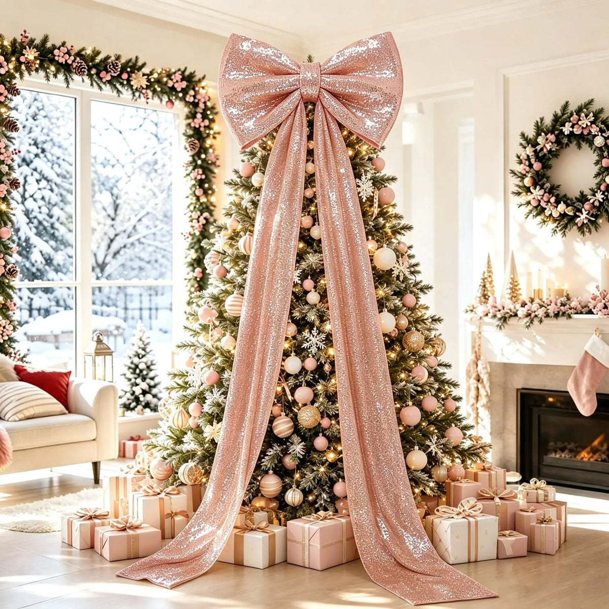 Laço Decorativo Shopping Gigante de Cor Rosa com Fitas Longas Penduradas no Topo de uma Árvore de Natal