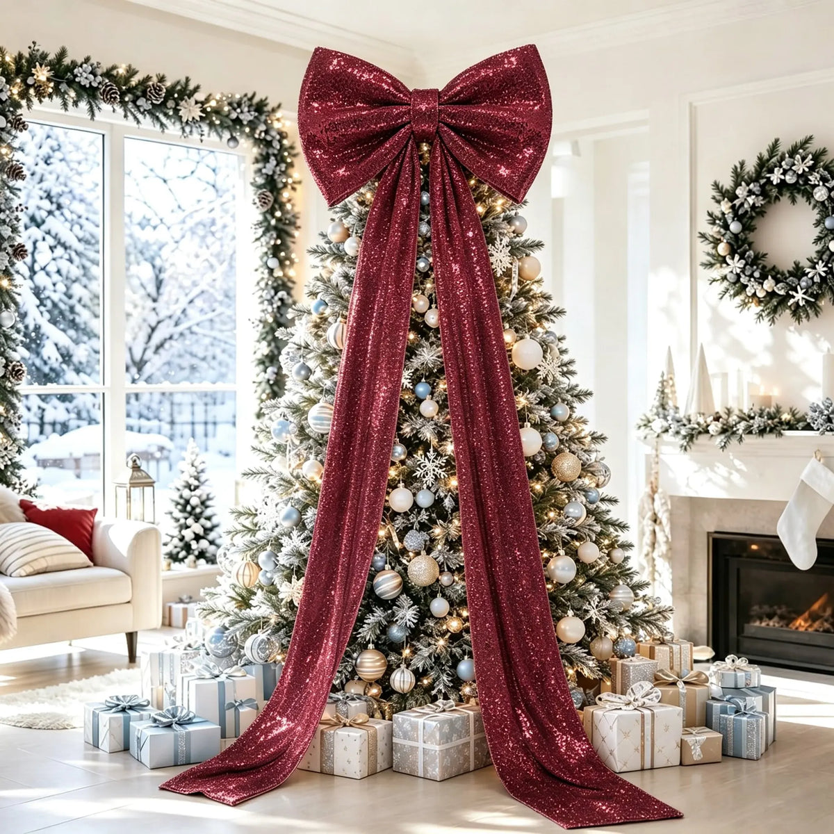 Laço Decorativo Shopping Gigante de Cor Rosa com Fitas Longas Penduradas no Topo de uma Árvore de Natal
