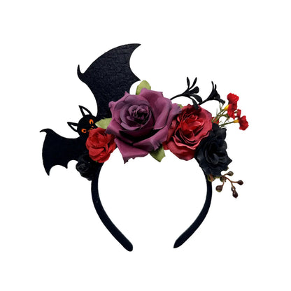 Tiara de Halloween morcegos aranhas rosa halo flores coroa cabeça gótica rosa morcego