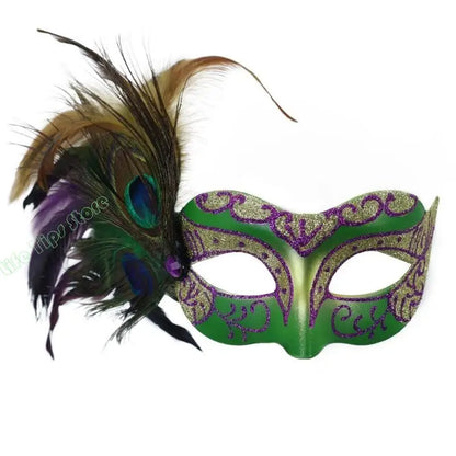 Máscara de Baile de Carnaval Estilo Veneziano Carnaval Enfeitada com Glitter nas Cores Verde, Dourado e Roxo