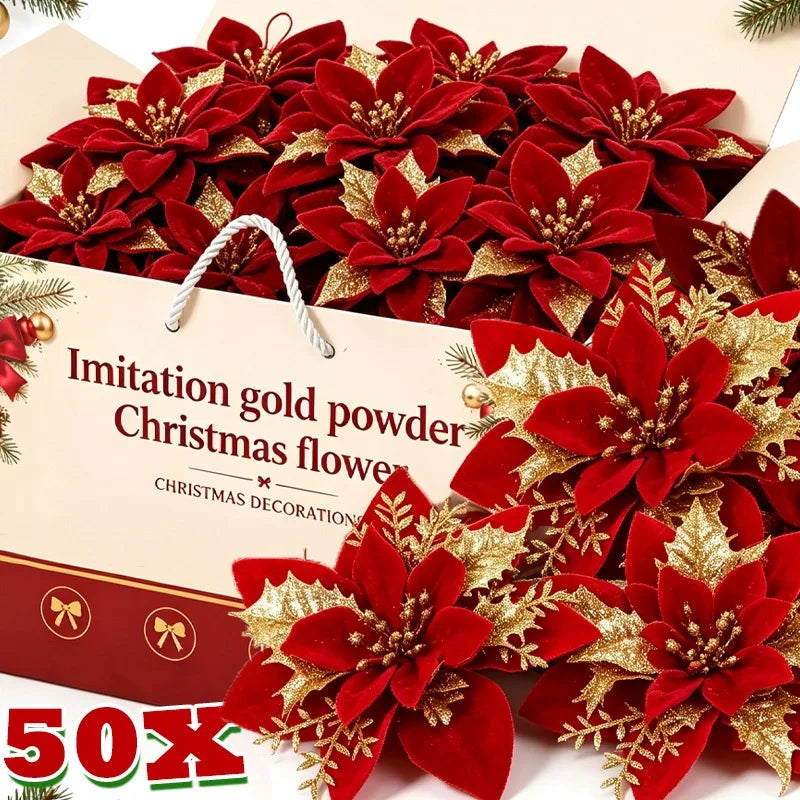 Flor Vermelha Natalina com Glitter  Flores Natal Artificiais Glitter de 14 cm, 5/10/20/50 Peças