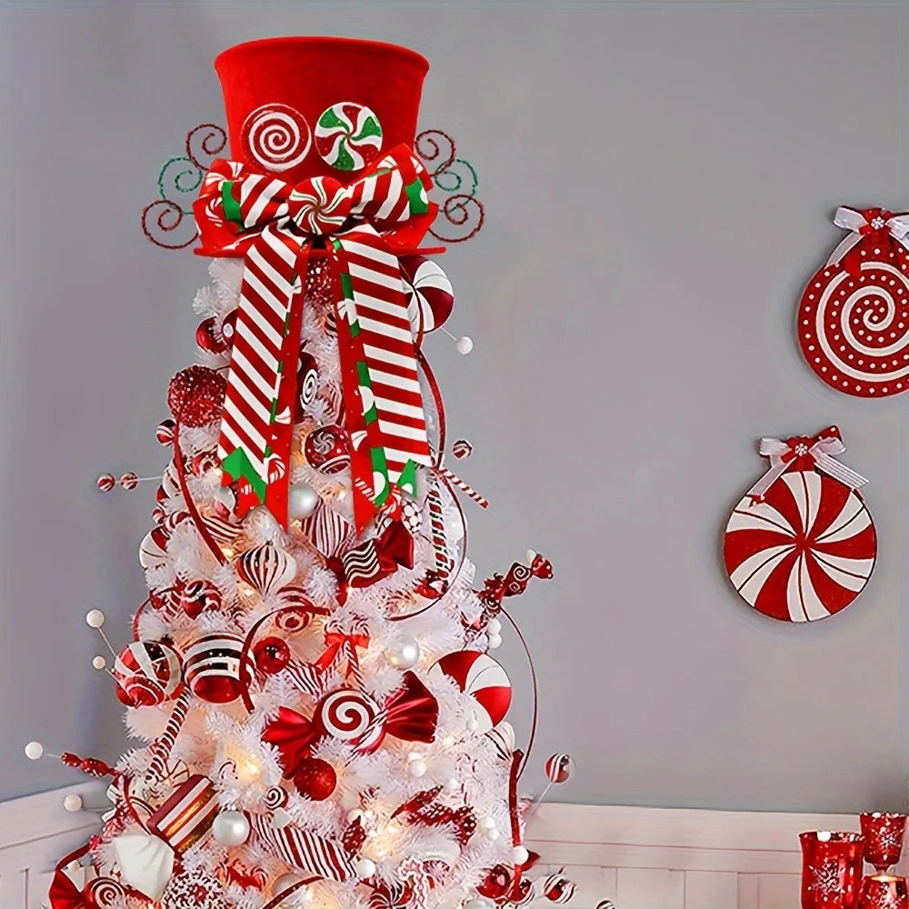 Decoração de árvore de Natal, chapéu dobrável com fita de laço para decoração