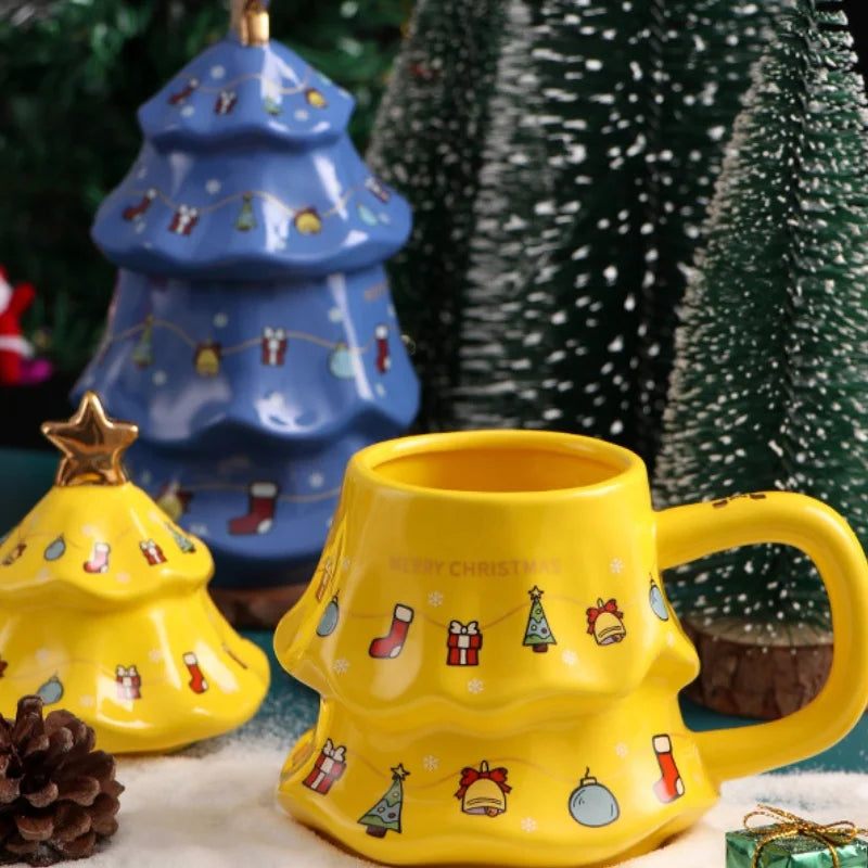 Canecas de Cerâmica em Formato de Árvore Natal Tampa e Detalhes Coloridos Capacidade/*401ml*500ml