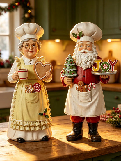 Chef Papai Noel Decorativo e Enfeite de Natal Casal Papai Noel e Mamãe Noel Cozinheiros Resina 13cm