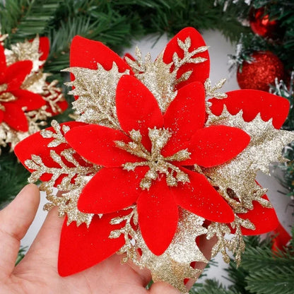 Flor Vermelha Natalina com Glitter  Flores Natal Artificiais Glitter de 14 cm, 5/10/20/50 Peças