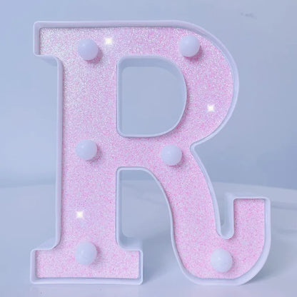 Letra de LED para letreiro de letreiro, letras rosa iluminadas com glitter alfabeto letrado