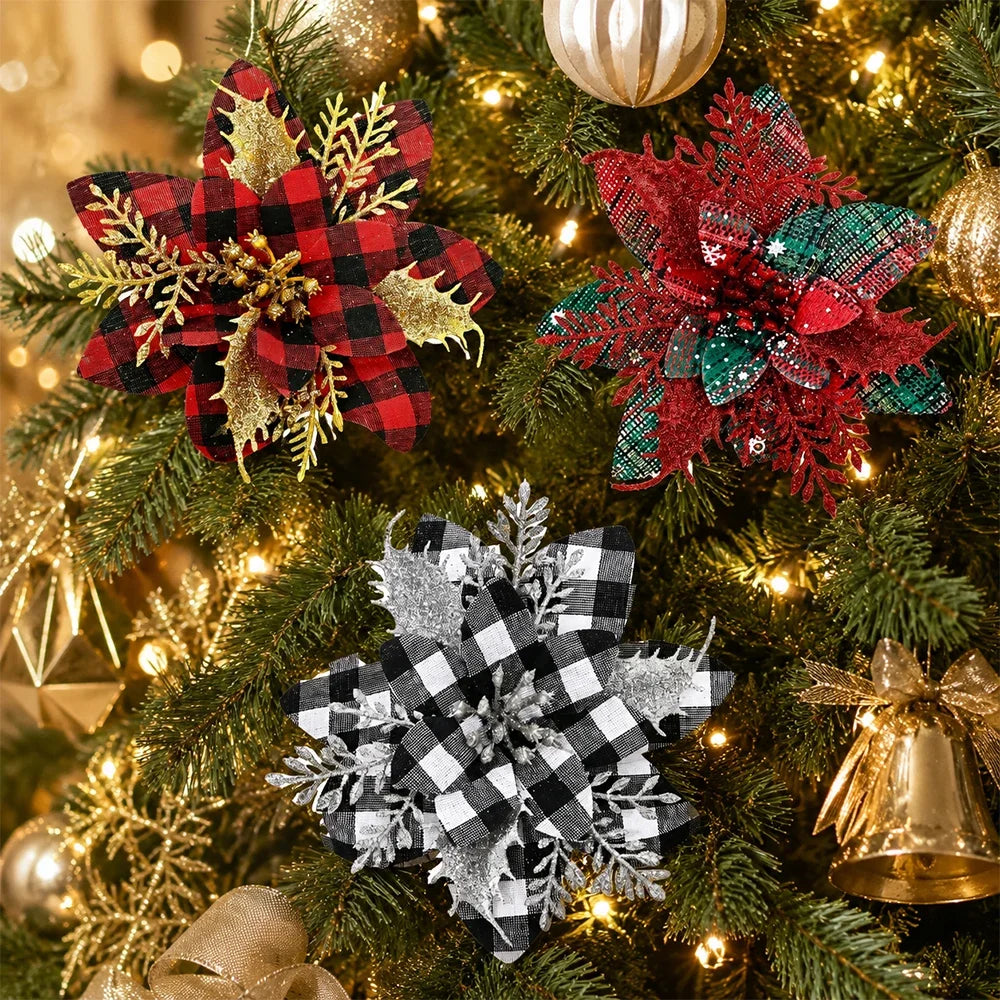 Flor de Poinsétia Artificial Xadrez para decoração de Natal, Tamanho: Cerca de 14 cm a 14,5 cm de largura.