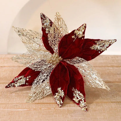 Flor Bico de Papagaio Natal Escolha Veludo Champanhe Glitter e Lantejoulas Luxo 29cm