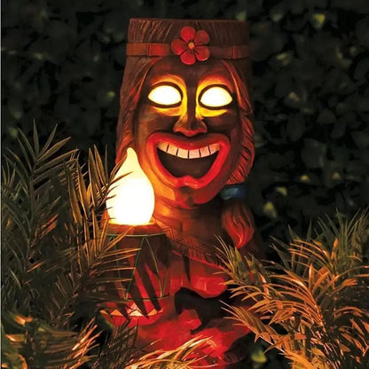 Estátua de jardim Tiki com decoração atualizada, estatueta Tiki de resina com luzes