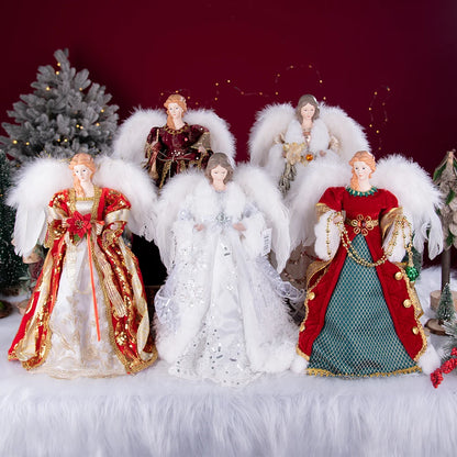 Enfeite de árvore de anjo de Natal asas douradas, elegante estatueta anjo vestido verde