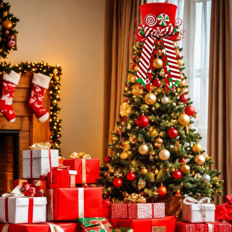 Ponteira Decorativa Árvore de Natal, Enfeite de Árvore Natalina Chapéu Vermelho com Bengalas