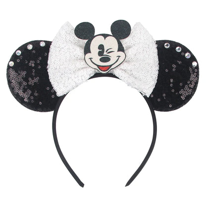 Tiara de orelhas de Disney iluminada de luxo com laço piscante e estampa de bolinhas