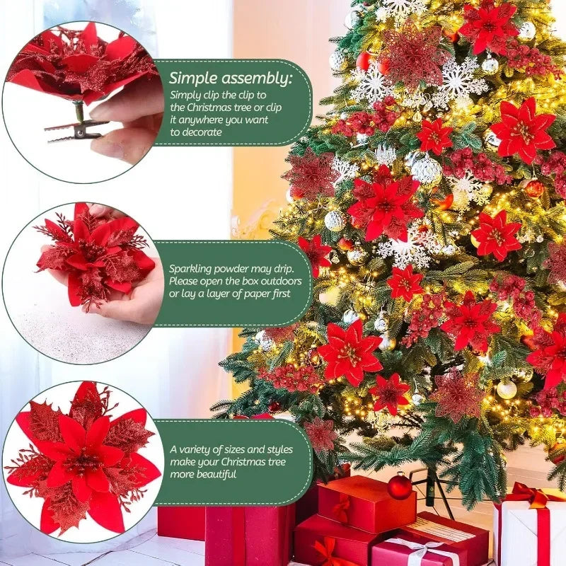 Flores Natal Glitter Artificial 5/10/20/30 peças de Poinsétia de Flores de Natal e Purpurina