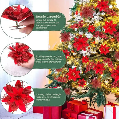 Flores Natal Glitter Artificial 5/10/20/30 peças de Poinsétia de Flores de Natal e Purpurina