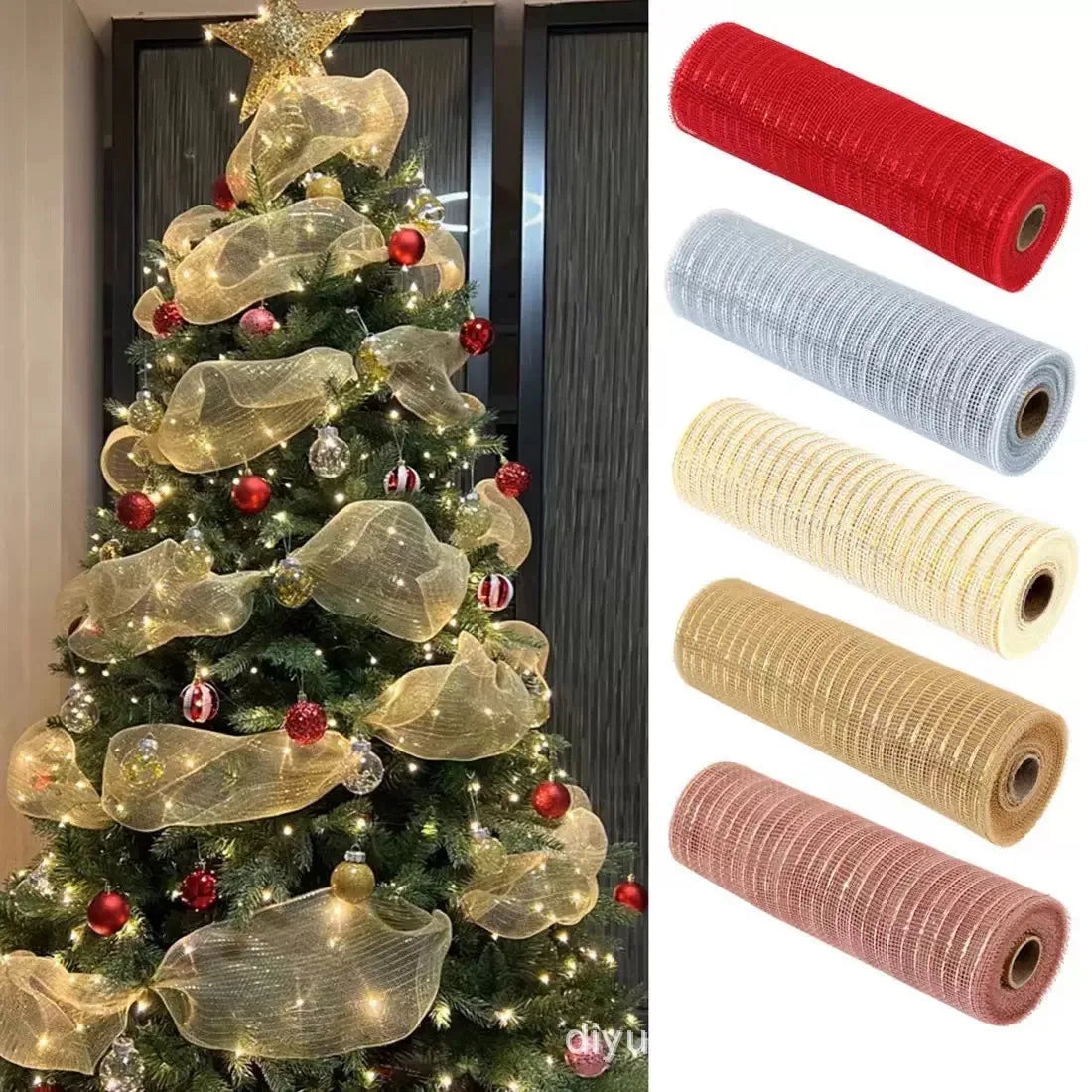 Fita de Malha de Natal Rolo de Tule com Glitter para Árvore e Guirlanda