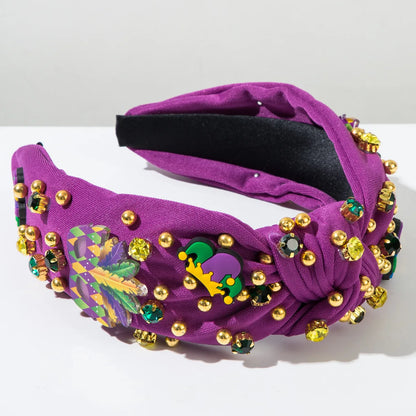 Acessórios de faixa de cabeça de carnaval, roxo, verde, amarelo, strass e acolchoada