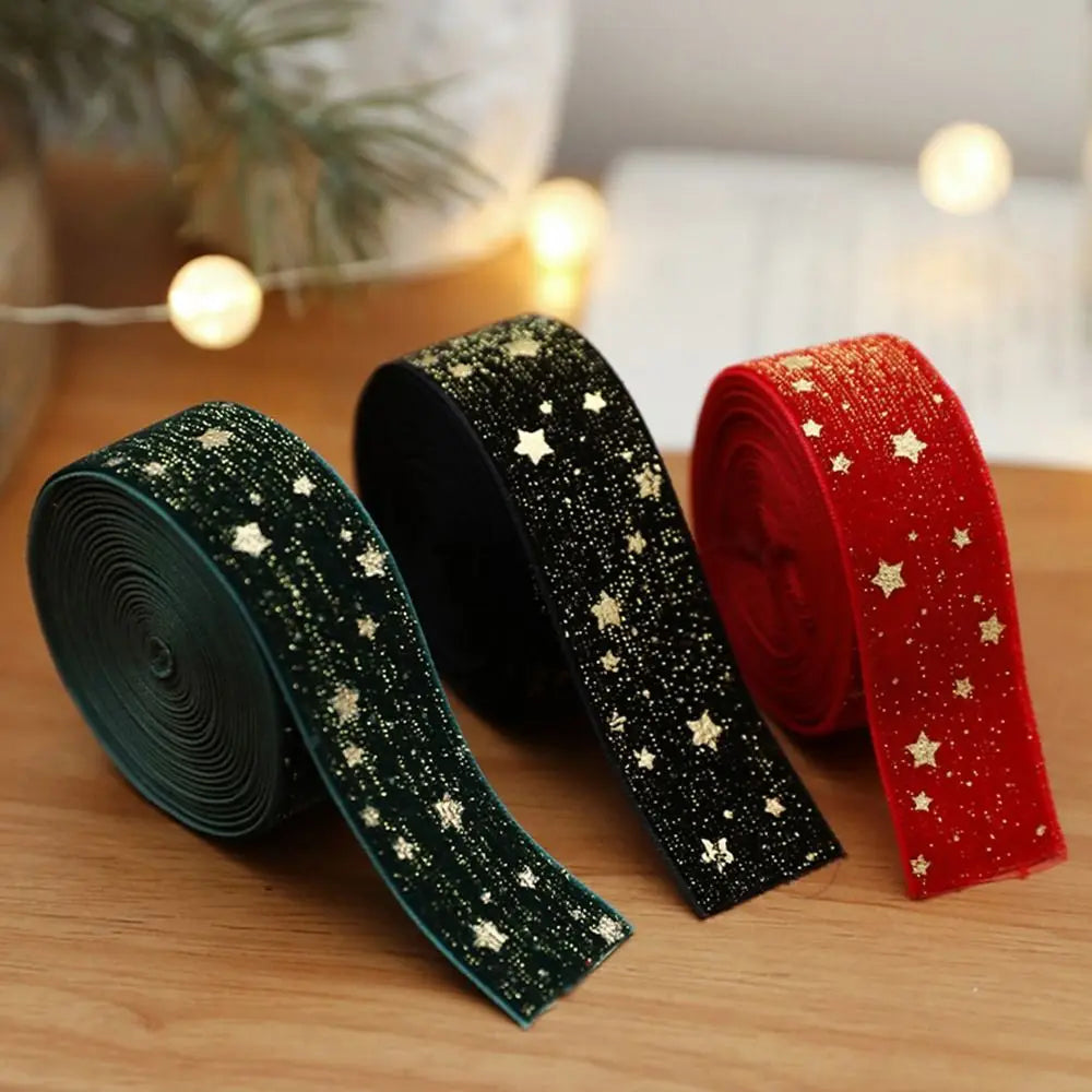 Fita de Natal de Veludo com Estampa de Estrela de Cetim e Seda de 2.5cm*5 Metros