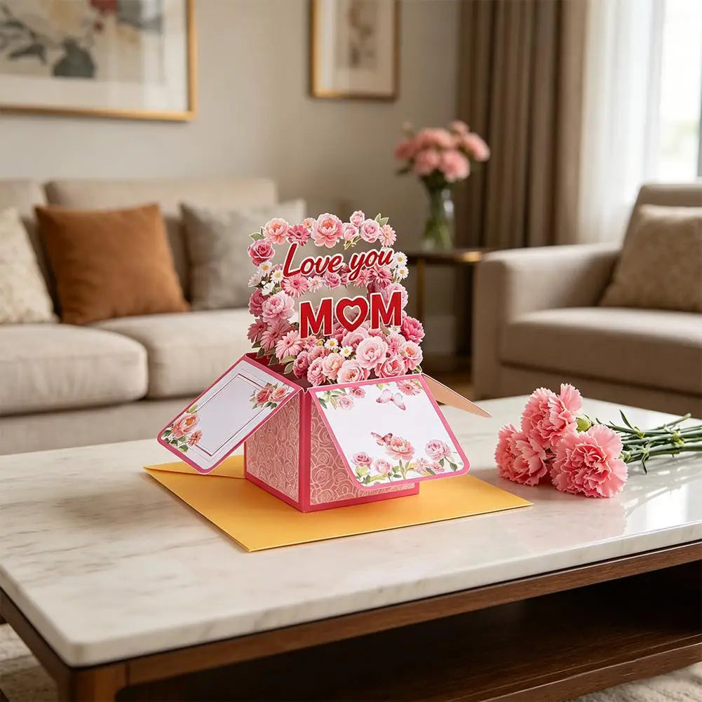 Cartão pop-up feliz Dia das Mães, buquê de flores 3D cartão comemorativo com envelope