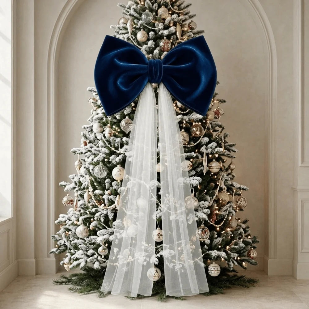 Laço de Veludo com Cauda Longa em Tule/Organza, Ornamento para Árvore de Natal e Shopping