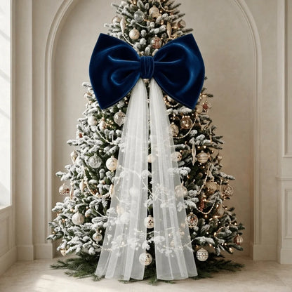Laço de Veludo com Cauda Longa em Tule/Organza, Ornamento para Árvore de Natal e Shopping