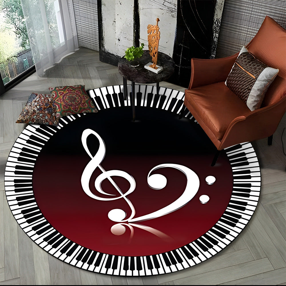 Tapete Redondo Antiderrapante com Estampa Colorida Teclas de Piano e Símbolos 150cm