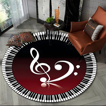 Tapete Redondo Antiderrapante com Estampa Colorida Teclas de Piano e Símbolos 150cm