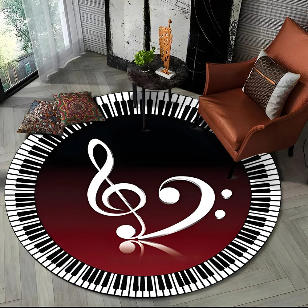Tapete Redondo Antiderrapante com Estampa Colorida Teclas de Piano e Símbolos 150cm