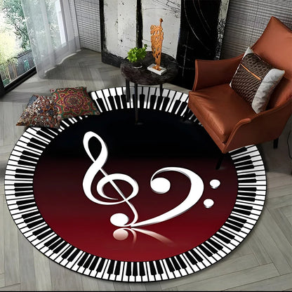 Tapete Redondo Antiderrapante com Estampa Colorida Teclas de Piano e Símbolos 150cm
