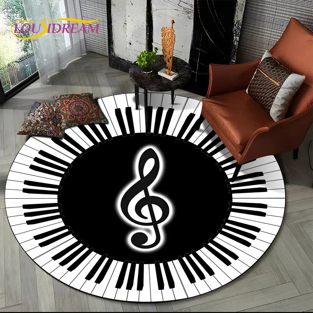 Tapete Redondo Antiderrapante com Estampa Colorida Teclas de Piano e Símbolos 150cm