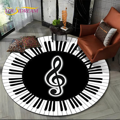 Tapete Redondo Antiderrapante com Estampa Colorida Teclas de Piano e Símbolos 150cm