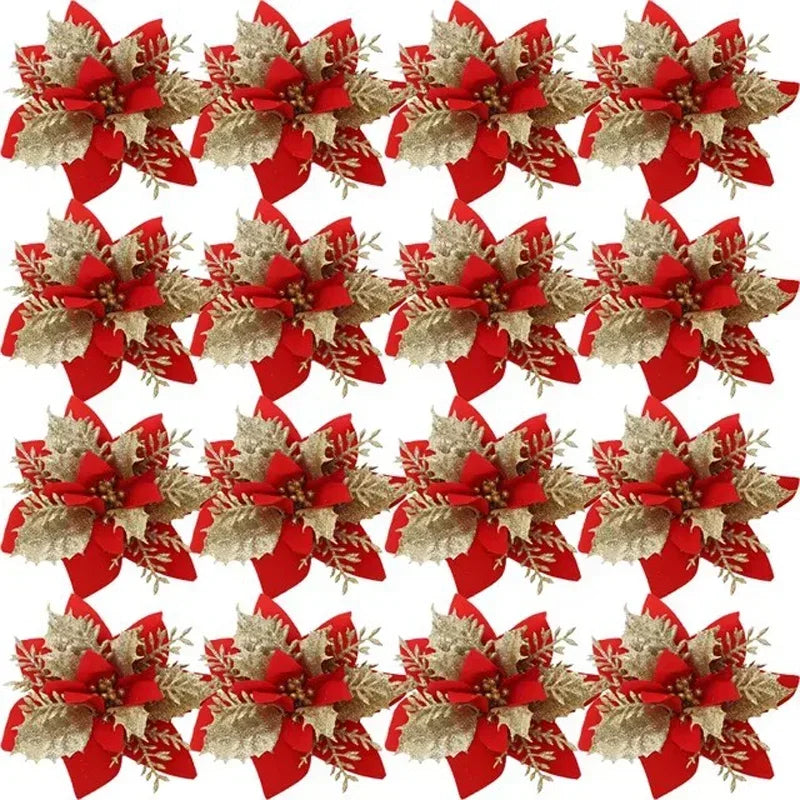 Flores Natal Glitter Artificial 5/10/20/30 peças de Poinsétia de Flores de Natal e Purpurina